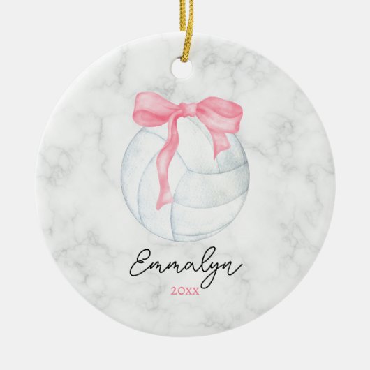 Waterverf Volleybal met Girly Pink Coquette Bow Keramisch Ornament (Voorkant)
