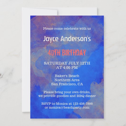 Waterverf Volwassenen Strandfeest Uitnodiging (Achterkant)