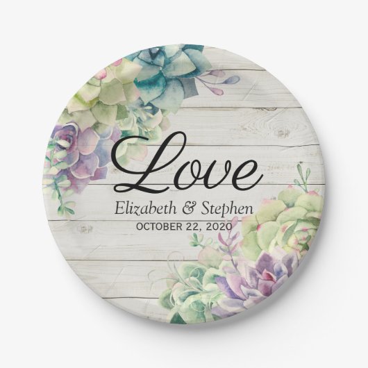 Waterverf voor bruiloft Succulents Rustic Wood Papieren Bordje (Voorkant)
