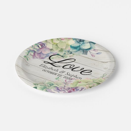 Waterverf voor bruiloft Succulents Rustic Wood Papieren Bordje (Gekanteld)