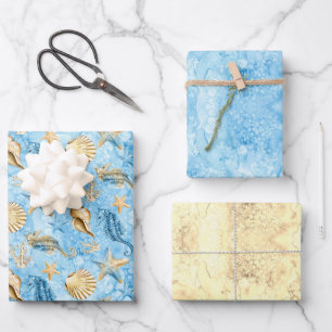 Waterverf voor de blauwe Oceaan en de Seapaarden Inpakpapier Vel