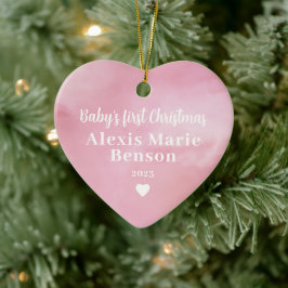 Waterverf voor eerste kerstmis roze foto volledig keramisch ornament
