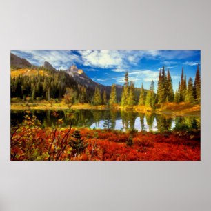 Waterverf voor herfst-kleuren van het bosmeer poster
