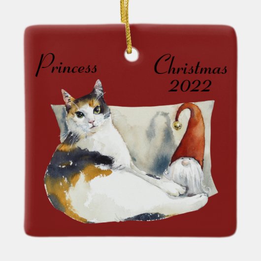 Waterverf voor het kerstthema Calico Cat Gnome Keramisch Ornament (Voorkant)
