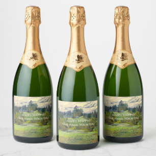Waterverf voor het schilderen van pijnbomen sparkling wijnetiket