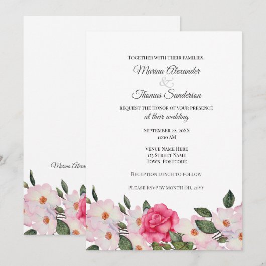 Waterverf voor huwelijksuitnodiging roze witte roz kaart (Voorkant / Achterkant)