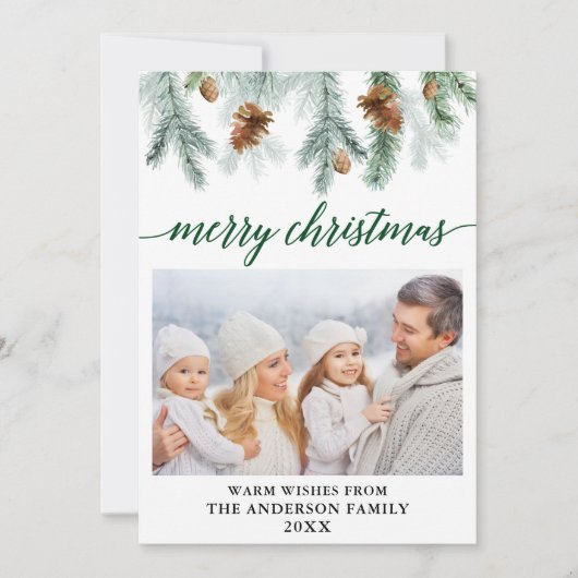 Waterverf voor kalligrafie Pine Cones Green Kerstm Feestdagenkaart (Voorkant)