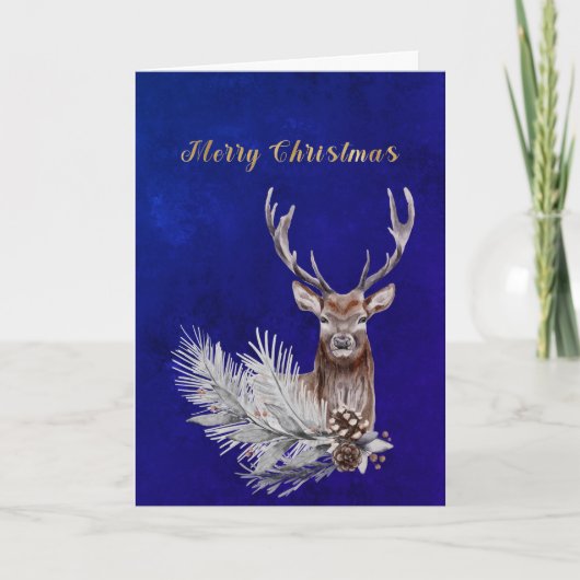Waterverf voor kerstblauw deer pine Branch Cones Feestdagen Kaart (Voorkant)
