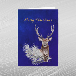 Waterverf voor kerstblauw deer pine Branch Cones Feestdagen Kaart
