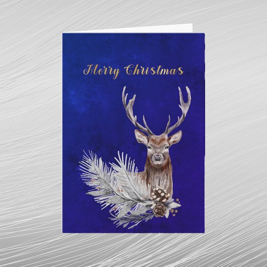 Waterverf voor kerstblauw deer pine Branch Cones Feestdagen Kaart