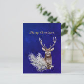 Waterverf voor kerstblauw deer pine Branch Cones Feestdagenkaart (Staand voorkant)