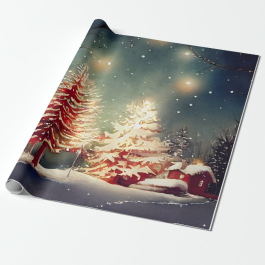 Waterverf voor kerstbomen cadeaupapier (Uitgerold)