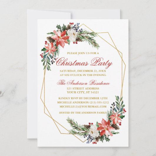 Waterverf voor kerstfeestdagen Poinsettia Gold Red Kaart (Voorkant)