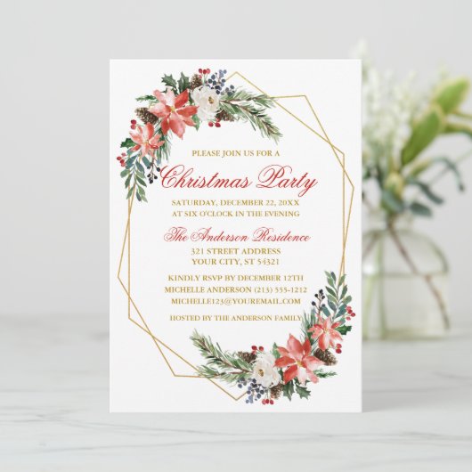 Waterverf voor kerstfeestdagen Poinsettia Gold Red Kaart (Staand voorkant)