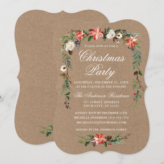 Waterverf voor kerstfeestdagen Poinsettia Kraft Kaart (Voorkant / Achterkant)