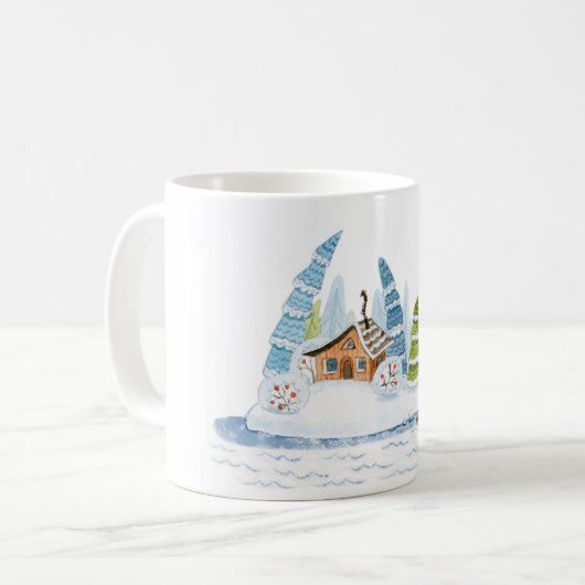 Waterverf voor kerstmis met winterhuis koffiemok (Voorkant links)