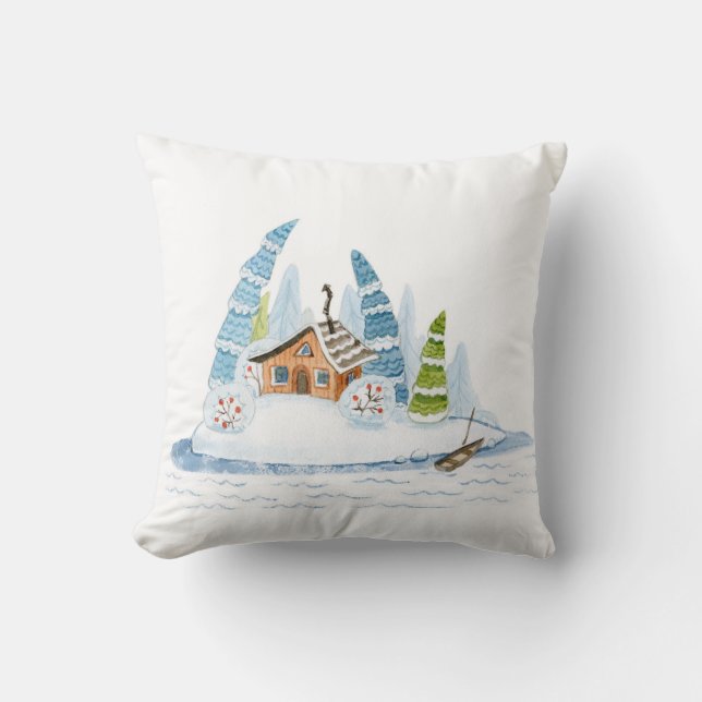Waterverf voor kerstmis met winterhuis kussen (Voorkant)