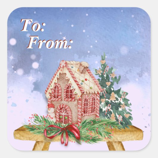 Waterverf voor kerstontbijtkoek van en naar vierkante sticker (Voorkant)
