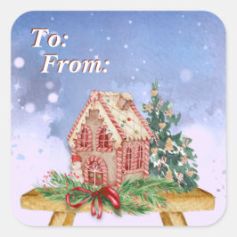 Waterverf voor kerstontbijtkoek van en naar vierkante sticker