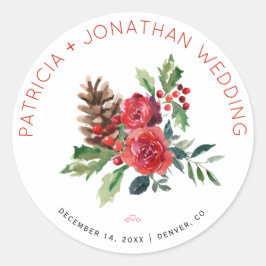 Waterverf voor kersttrouwerij en bessen ronde sticker