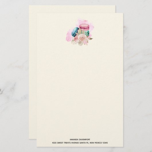 Waterverf voor kleurrijke Macarons en bloemen Briefpapier (Voorkant / Achterkant)
