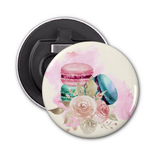 Waterverf voor kleurrijke Macarons en bloemen Button Flesopener (Voorkant)
