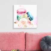 Waterverf voor kleurrijke Macarons en bloemen Canvas Afdruk (Insitu (Woonkamer))