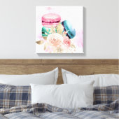 Waterverf voor kleurrijke Macarons en bloemen Canvas Afdruk (Insitu (Slaapkamer))