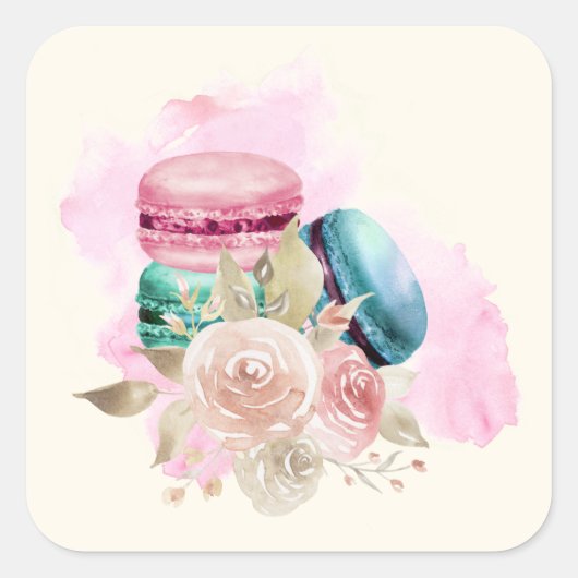 Waterverf voor kleurrijke Macarons en bloemen Vierkante Sticker (Voorkant)