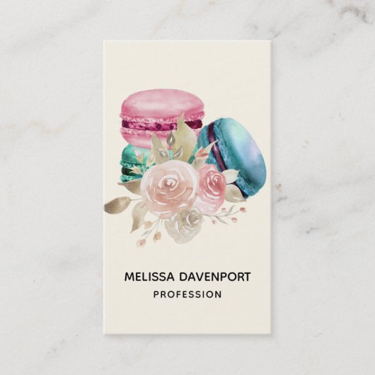 Waterverf voor kleurrijke Macarons en bloemen Visitekaartje (Voorkant)