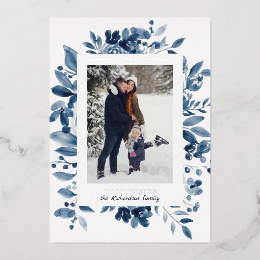 Waterverf voor Navy kerstfloral Folie Feestdagenkaart (Voorkant)