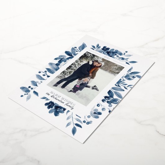 Waterverf voor Navy kerstfloral Folie Feestdagenkaart (Gedraaid)