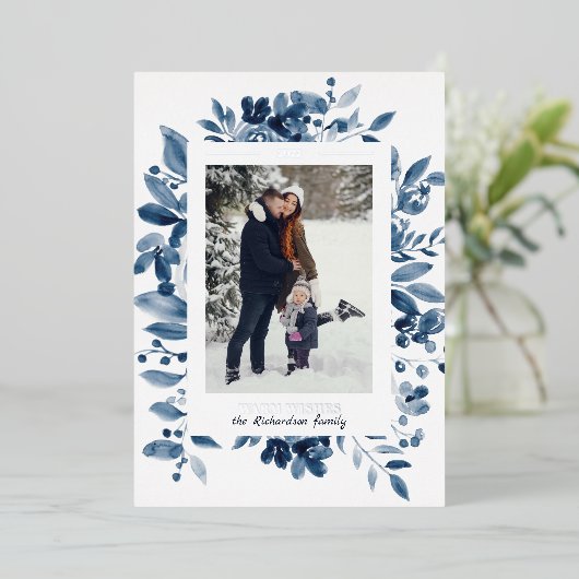 Waterverf voor Navy kerstfloral Folie Feestdagenkaart (Staand Voorkant)