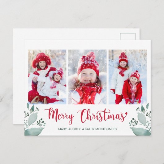 Waterverf voor prettig kerstscript Leaf 3 Foto Feestdagenkaart (Voorkant / Achterkant)