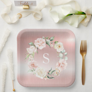 Waterverf voor roze metalen bloemen monogram papieren bordje