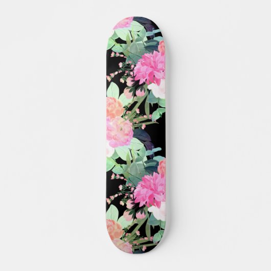 Waterverf voor Trendy Pink & Black Flowers Persoonlijk Skateboard (Voorkant)