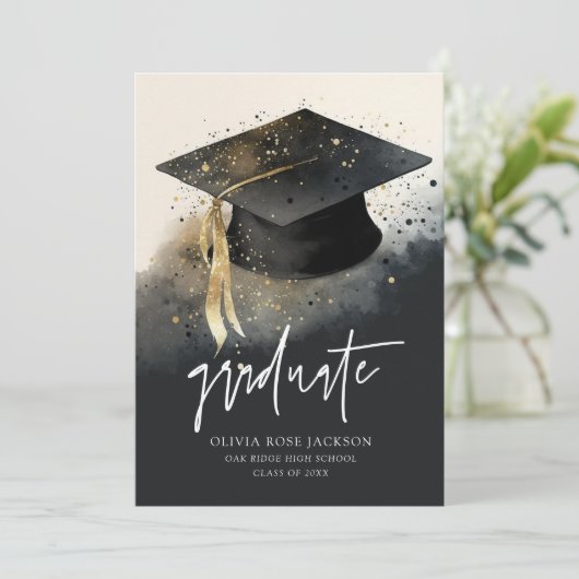 Waterverf voor zwart en gouden Pet Afstuderen Afst Aankondiging (Staand voorkant)