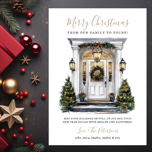 Waterverf voordeur vrolijk kerstfeest feestdagenkaart