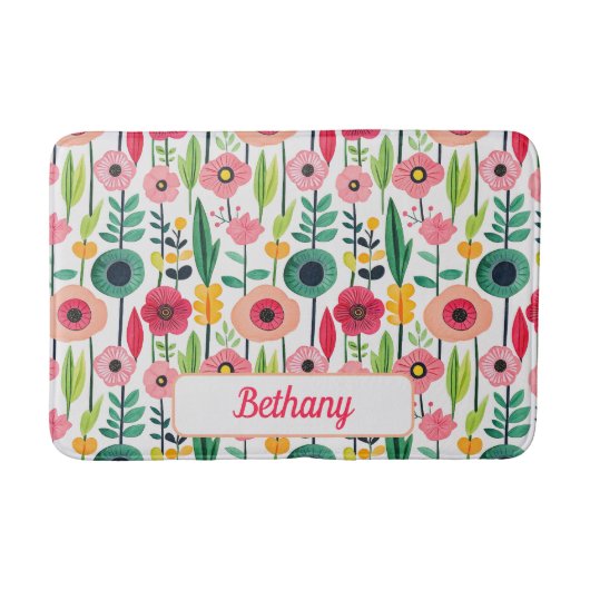 Waterverf voorjaarsbloemen met naam Elegant Badmat (Voorkant)