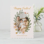 Waterverf voorjaarsbloemen roze gingham feestdagenkaart (Staand voorkant)