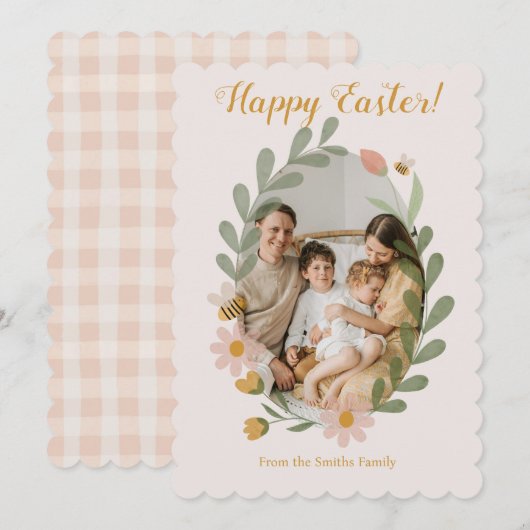 Waterverf voorjaarsbloemen roze gingham feestdagenkaart (Voorkant / Achterkant)