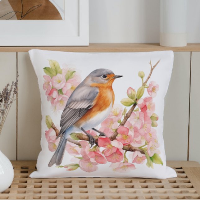 Waterverf Voorjaarsvogels en Blooms Kussen (Creator heeft geüpload)
