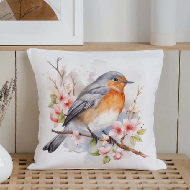 Waterverf Voorjaarsvogels en Blooms Kussen (Creator heeft geüpload)