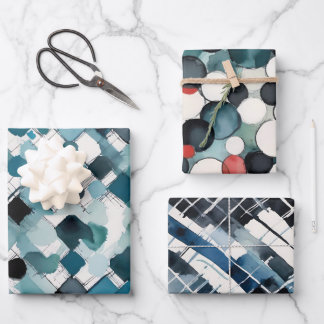 Waterverf Vormt Diamanten Cirkels Rechthoeken Blau Inpakpapier Vel