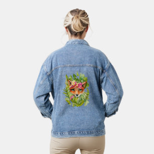 Waterverf Vos Bloemen en Groene Bladeren Denim Jacket