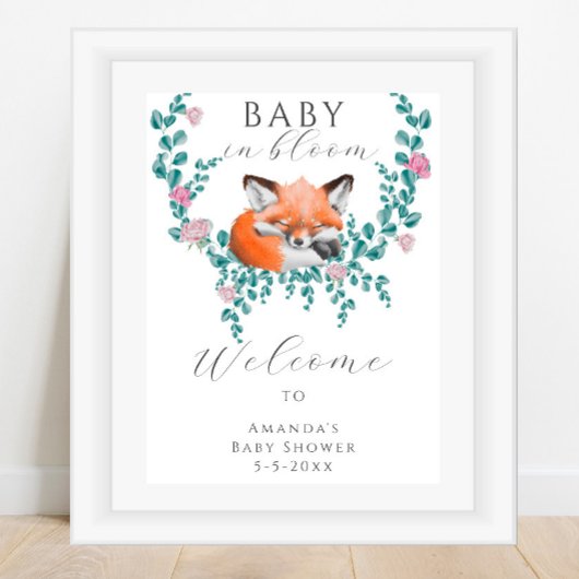 Waterverf vos in bloei welkom baby shower poster