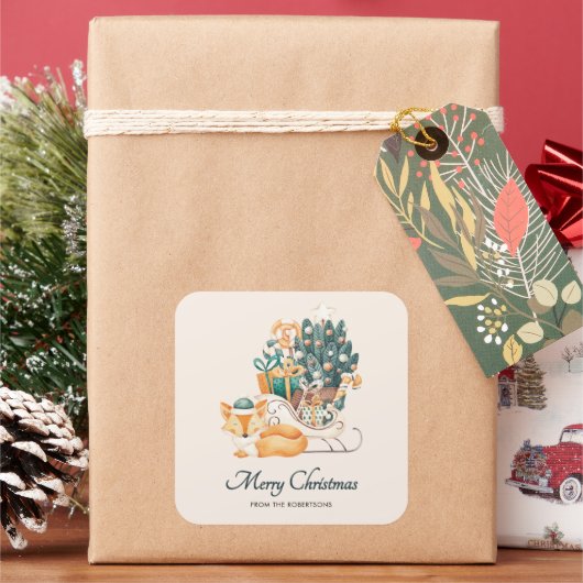 Waterverf Vos Kerst Sleden Vakantie Vierkante Sticker (Feestdagen)