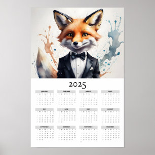 Waterverf Vos met een Tuxedo 2025 Muurkalender Poster
