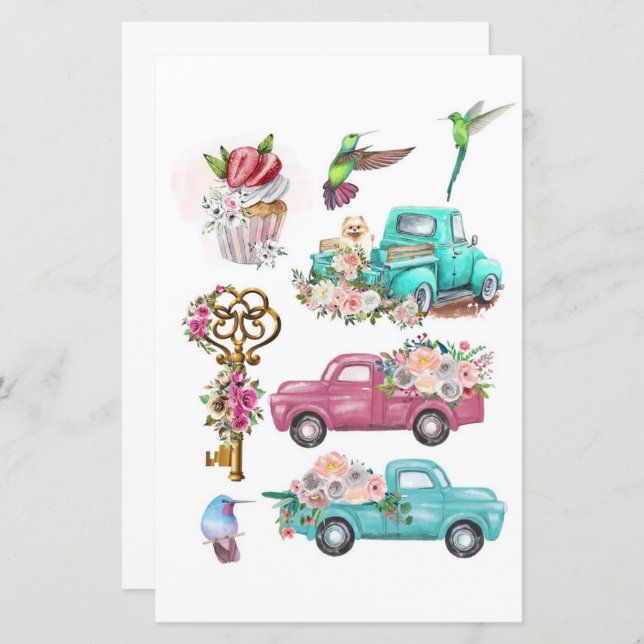 Waterverf vrachtauto's met een sleutelvogel om uit (Voorkant / Achterkant)