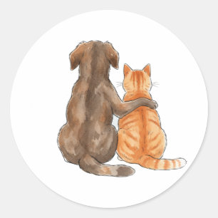 Waterverf Vriendschap Hond en Kat Ronde Sticker
